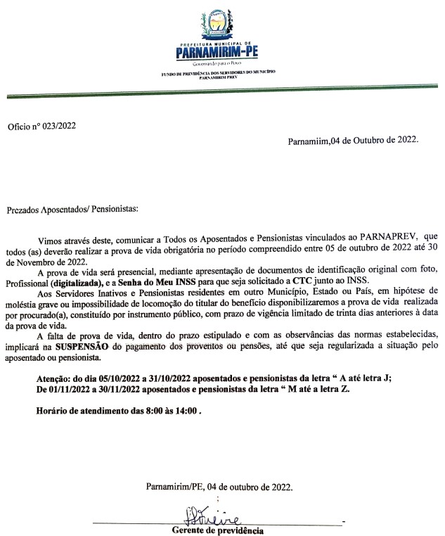 O PARNAPREV realiza Prova de Vida dos Aposentados e Pensionistas entre 05 de Outubro até 30 de Novembro de 2022